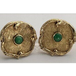 Heavyweight 14.7g Mid-Century "Molten Bark" 14k Gold & Chrysoprase Cufflinks